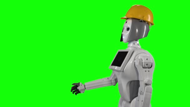 Ρομπότ σε ένα κράνος οικοδόμοι κύματα Γεια και συνομιλίες. Πράσινη οθόνη. Πλάγια όψη — Αρχείο Βίντεο