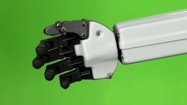 Робот закрывает руку, машет привет. Зеленый экран. Медленное движение — стоковое видео
