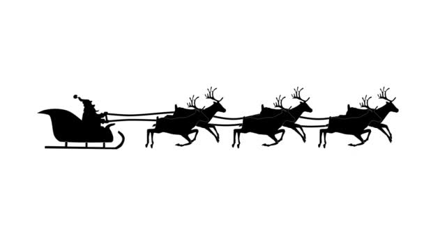 Silueta létající vánoční Santa Claus na saních s vánoční dárky vytáhl jeho soby. Video animace, opakování.