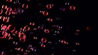 Kırmızı sabun balonları havaya uçar. Ağır çekim. Siyah arka plan