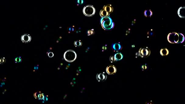 Soap bubbles are flying fast. Slow motion. Black Backgrounds — Stock Video