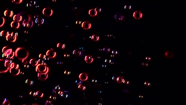 Rode zeepbellen vliegen in de lucht. Slow-motion. Zwarte achtergrond — Stockvideo