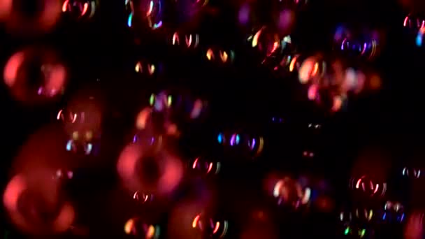 Las burbujas de jabón de color rojo vuelan de cerca. En cámara lenta. Fondo negro — Vídeos de Stock