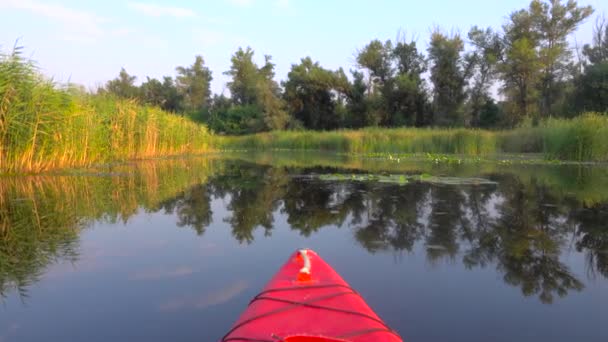Descenso en el río en kayaks, vista desde la nariz del barco — Vídeos de Stock