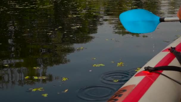 Primer plano del brazo de Mans en kayak con remo. Movimiento lento — Vídeo de stock