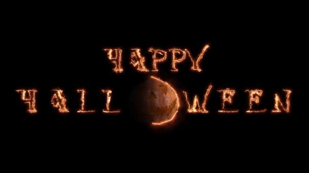 Happy Halloween animation på natten med brinnande eld. Svart bakgrund — Stockvideo