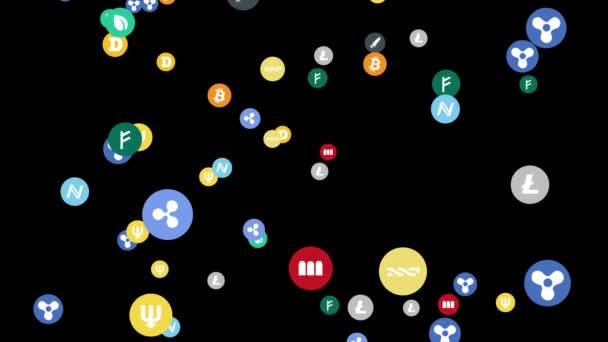 Icons von Kryptowährungen unterschiedlicher Größe fliegen auf schwarzem Hintergrund — Stockvideo
