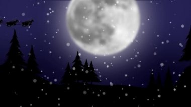 Noel Baba'ya kızak ile ağaçları ile ay üzerinde uçan atlı kızak. Siluet