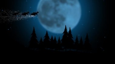 Santa uçan ile gece orman üzerinde tam kar taneleri ayın üstünden siluet. Siluet