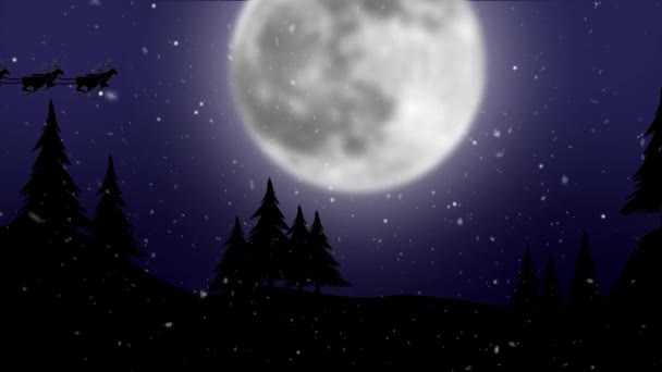 圣诞老人在雪橇与驯鹿飞越月亮与树木。剪影 — 图库视频影像
