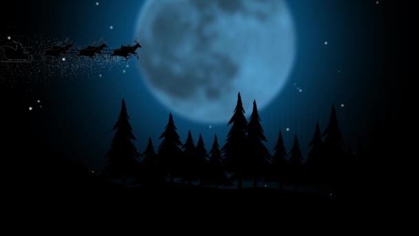 Silhouette santa volando con luna llena sobre bosque nocturno. Silueta — Vídeos de Stock