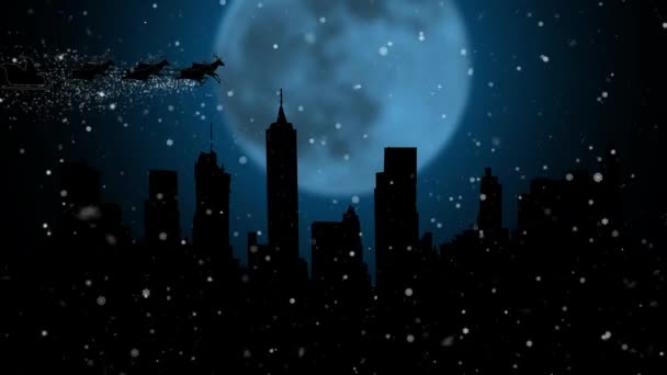 Santa Claus y su ciervo volando en el cielo alegre animación crisma. Silueta — Vídeos de Stock