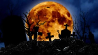 Yarasalar siluetleri haçlar ve bir ağaç ve bir ay arkasında mezarlığında sinek