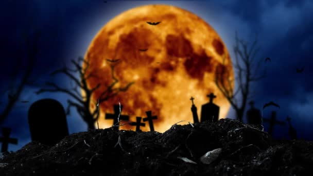 Sulle sagome di cimitero di croci e brilla una luna — Video Stock