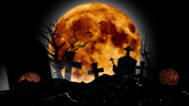 Against the backdrop of a moon, bats fly, there are crosses and Halloween pumpkins. Black smoky background — Stock Video