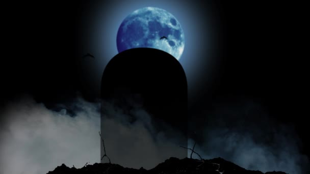 Atrás Monumento Brilha Uma Lua Azul Brilhante Morcegos Voam Preto — Vídeo de Stock