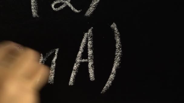 Scrittura a mano con gesso la formula algebrica sulla lavagna. Da vicino. — Video Stock