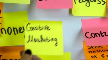 Beyaz tahta bir sarı etiket üzerinde yazıt yaratıcı pazarlama