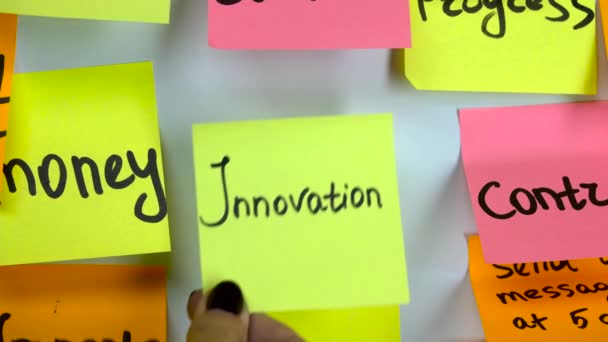 Adesivo con le parole innovazione su una lavagna bianca — Video Stock
