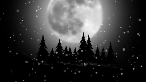 Night forest flying snow on the background of a moon, Christmas animation — Stock Video