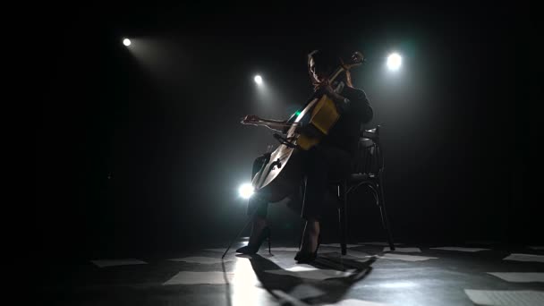 Chica del estudio oscuro tocando el violonchelo en las hojas de notas. Silueta. Fondo de humo negro — Vídeo de stock