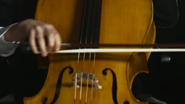 Kadın çello profesyonel klasik müzik çalar. Siyah duman arka plan. Yakın çekim