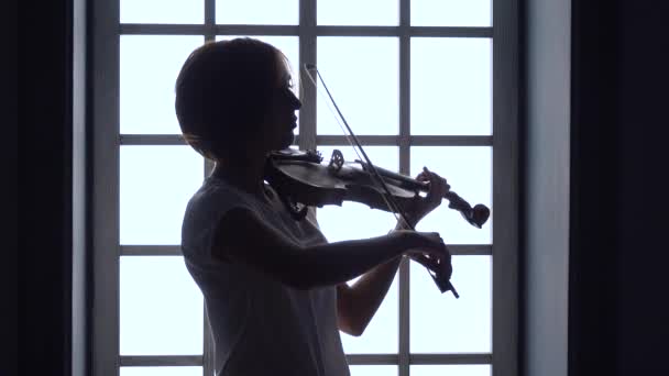 Vor dem Hintergrund eines Fenstermädchens Geige spielt. Silhouette — Stockvideo