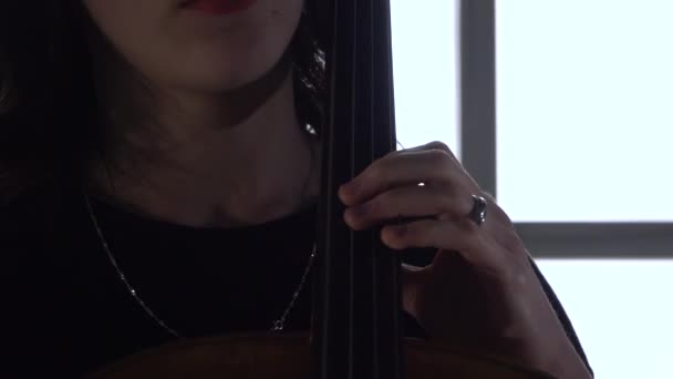 Κορίτσι δαχτυλο βιολοντσέλο με τα δάχτυλα. Κοντινό πλάνο — Αρχείο Βίντεο