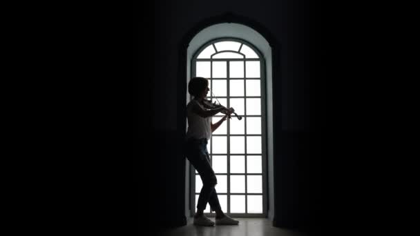 Menina Dedilhado Cordas Tocando Violino Marrom Madeira Contra Janela Silhueta — Vídeo de Stock