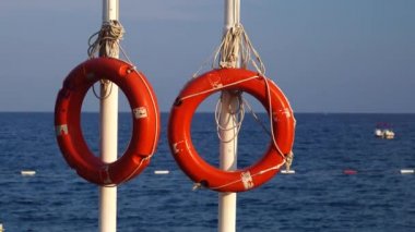 Kutup denizinde iki lifebuoys asıyor, insanlar banyo