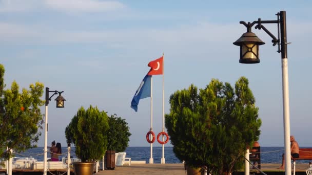 Bandera de Turquía evolucionando en la brisa en el muelle — Vídeo de stock