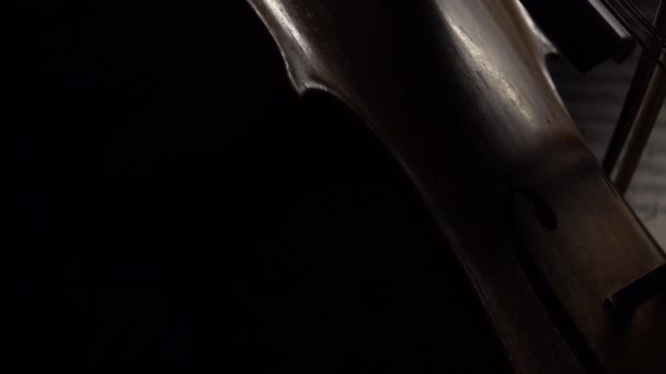 Cello in de donkere boog boog op de snaren achter de noten. Close-up. Zijaanzicht — Stockvideo