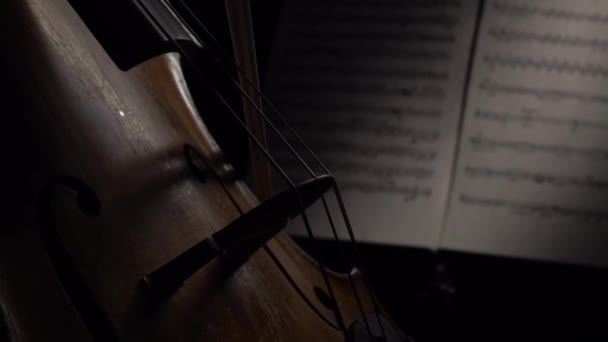 Cello in de donkere boog boog op de snaren achter de noten. Close-up. Zijaanzicht — Stockvideo