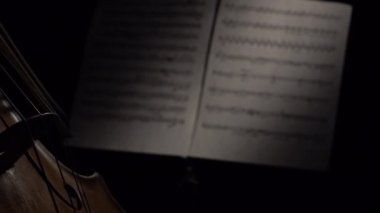 Çello yay taşımak notlar dize sayfalarıyla arkasında, kapatın. Yan görünüm