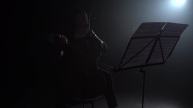 Karanlık bir odada müzik standı yanında bir fenerle Çello çalan. Siluet. Siyah duman arka plan