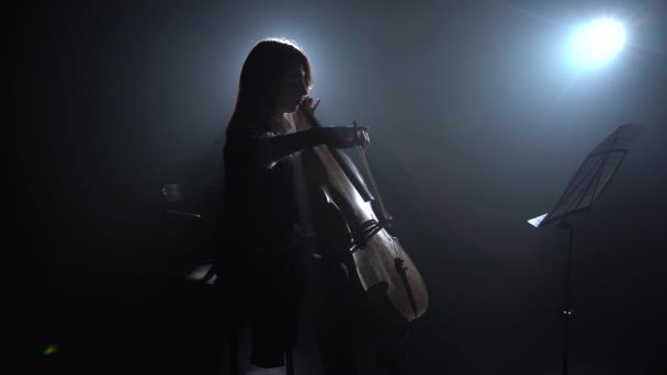 Musicienne dans une pièce sombre répétant un violoncelle jouant et frottant sur un stand de musique. Silhouette. Fond de fumée noir — Video