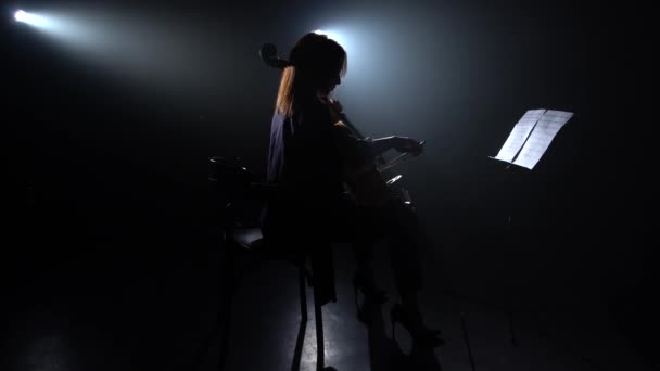 Жінка грає віолончелі в темній кімнаті і дивиться на музичну підставку. Силует. Чорний дим фону. Вид збоку — стокове відео