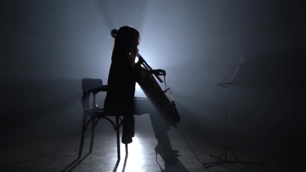 Dívka luky na violoncello v zakouřené místnosti v noci. Silueta. Černý kouř pozadí — Stock video