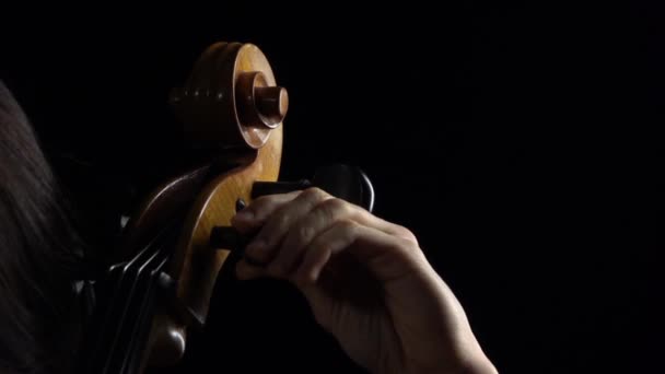 Hand snurrar en trä spaken på cello låtar. Svart bakgrund. Närbild. Slow motion — Stockvideo