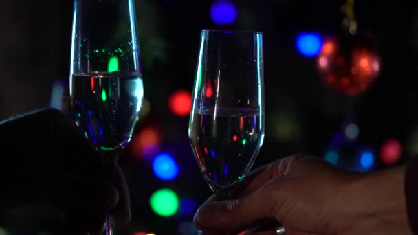 Новый год ознаменовался двумя бокалами шампанского. Закрыть — стоковое видео