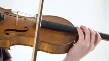 Keman çalmaya dizeleri parmak kız. Yakın çekim. Beyaz arka plan