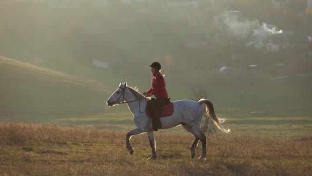 Privata sektorn med hus och ryttare som rider en häst. Slow motion — Stockvideo