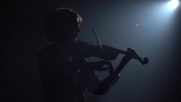 Estúdio escuro com lanternas menina tocando violino. Silhueta. Preto fumaça fundo — Vídeo de Stock