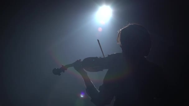 Chicas paradas y tocando violines en una habitación oscura. Fondo de humo negro. Vista trasera — Vídeo de stock