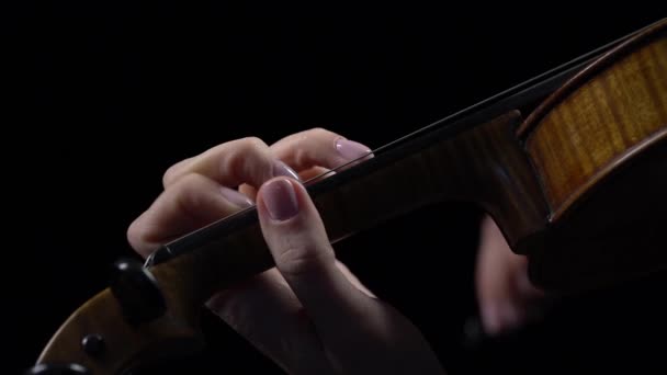 Закрыть пальцы музыканта, просеивающего скрипку. Чёрный фон — стоковое видео