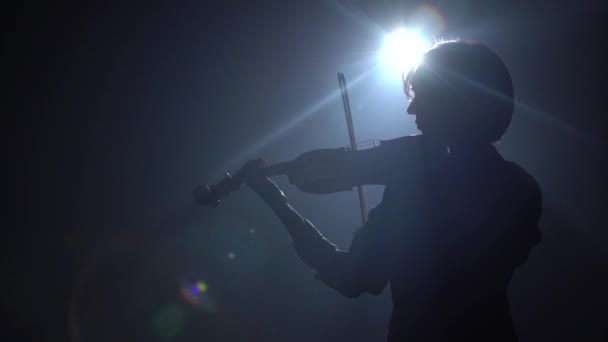 暗いスタジオでミュージシャンが彼の後ろに立っている間バイオリンを果たしているランタンからまぶしさ 黒い煙の背景 背面図 — ストック動画