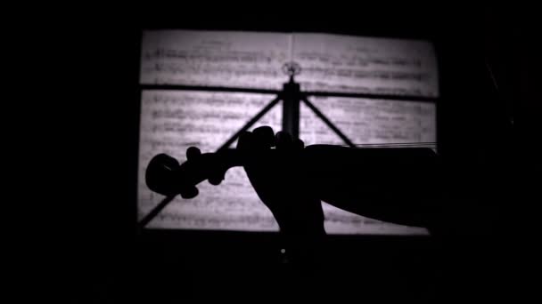 Struny na housle hraje v pozadí listů s poznámkami prsty. Zblízka. Pohled zezadu. Silueta — Stock video