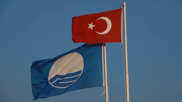 Vlag van Turkije wuiven in de wind blauwe hemel op achtergrond. Slow motion — Stockvideo