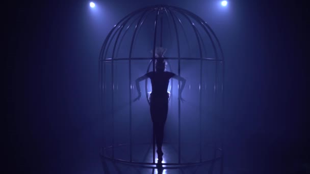 笼子里的女孩在黑暗的房间里在一个吊环上表演体操特技 蓝色烟雾的背景 — 图库视频影像