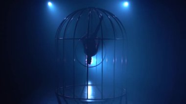 Kız bir kafes içinde jimnastik stunts bir çember üzerinde gerçekleştirir. Mavi duman arka plan. Siluet. Ağır çekim